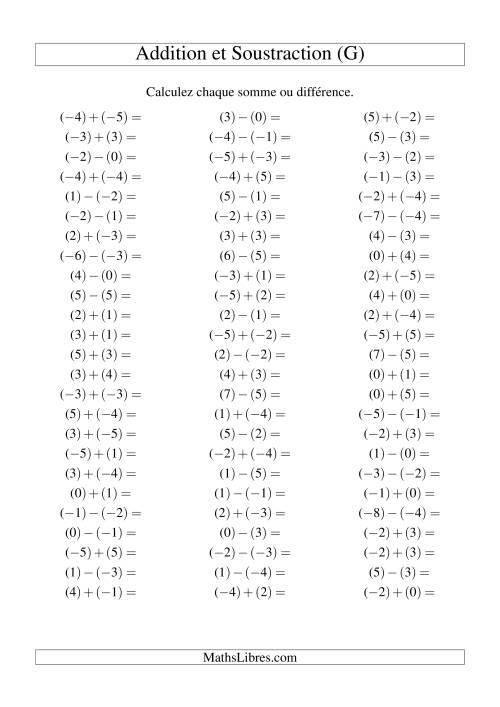 Addition et soustraction de nombres entiers avec parenthèses autour de chaque entier (-5 à 5) (75 par page) (G)