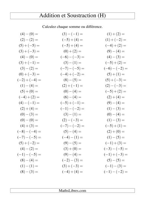 Addition et soustraction de nombres entiers avec parenthèses autour de chaque entier (-5 à 5) (75 par page) (H)