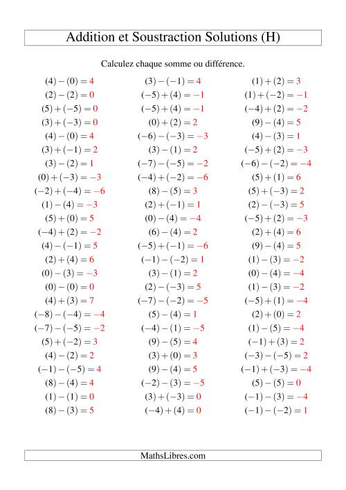 Addition et soustraction de nombres entiers avec parenthèses autour de chaque entier (-5 à 5) (75 par page) (H) page 2