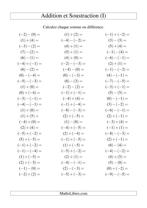 Addition et soustraction de nombres entiers avec parenthèses autour de chaque entier (-5 à 5) (75 par page) (I)