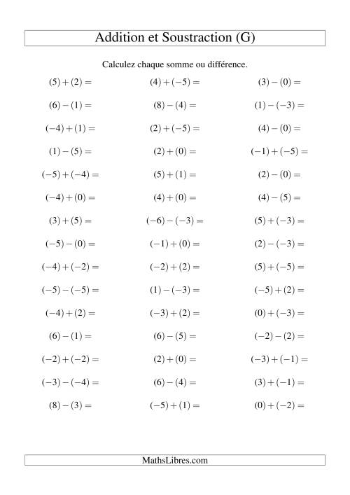 Addition et soustraction de nombres entiers avec parenthèses autour de chaque entier (-5 à 5) (45 par page) (G)