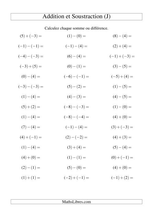 Addition et soustraction de nombres entiers avec parenthèses autour de chaque entier (-5 à 5) (45 par page) (J)