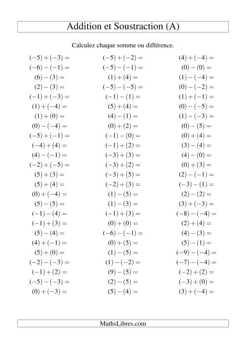 Addition et soustraction de nombres entiers avec parenthèses autour de chaque entier (-5 à 5) (75 par page) (Tout)