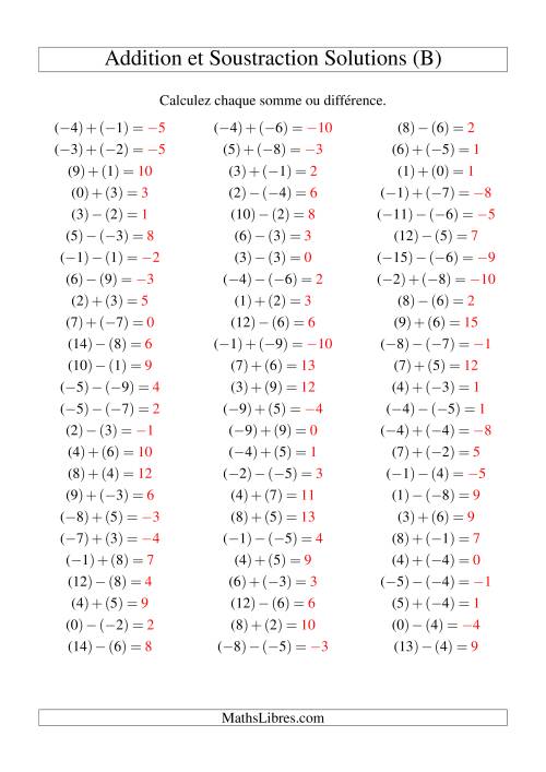 Addition et soustraction de nombres entiers avec parenthèses autour de chaque entier (-9 à 9) (75 par page) (B) page 2