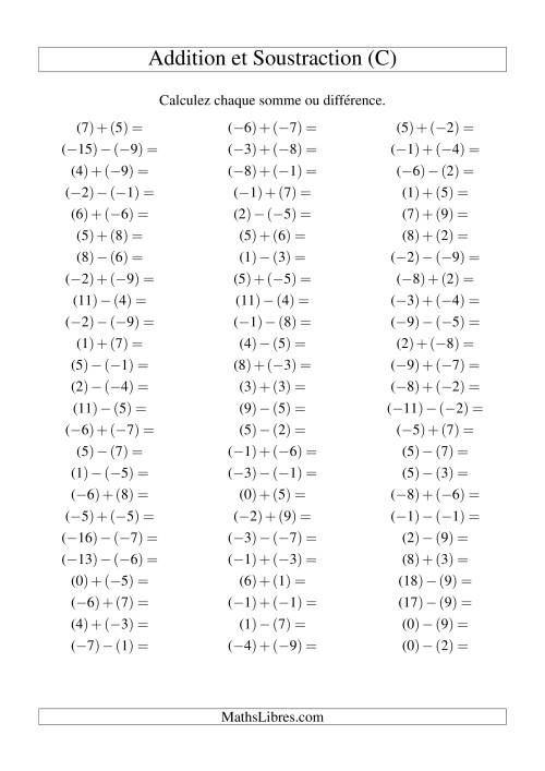 Addition et soustraction de nombres entiers avec parenthèses autour de chaque entier (-9 à 9) (75 par page) (C)
