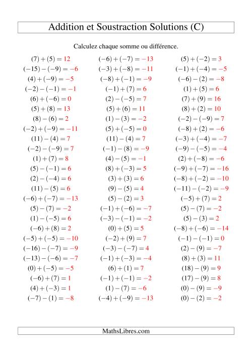 Addition et soustraction de nombres entiers avec parenthèses autour de chaque entier (-9 à 9) (75 par page) (C) page 2