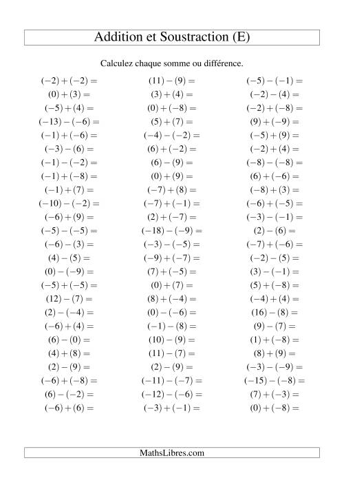 Addition et soustraction de nombres entiers avec parenthèses autour de chaque entier (-9 à 9) (75 par page) (E)