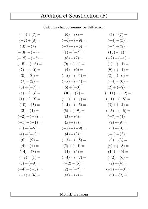 Addition et soustraction de nombres entiers avec parenthèses autour de chaque entier (-9 à 9) (75 par page) (F)