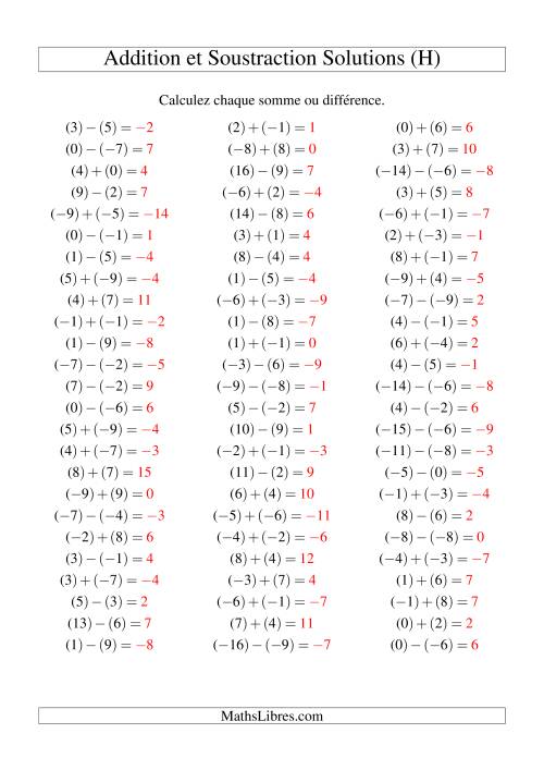 Addition et soustraction de nombres entiers avec parenthèses autour de chaque entier (-9 à 9) (75 par page) (H) page 2