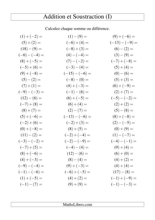 Addition et soustraction de nombres entiers avec parenthèses autour de chaque entier (-9 à 9) (75 par page) (I)