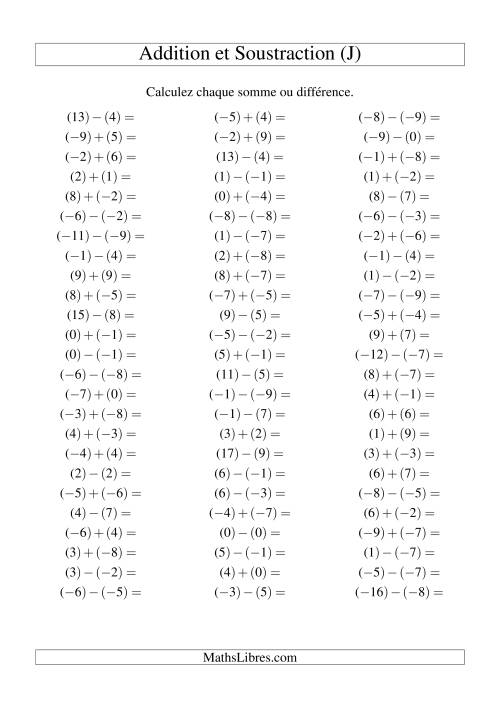 Addition et soustraction de nombres entiers avec parenthèses autour de chaque entier (-9 à 9) (75 par page) (J)