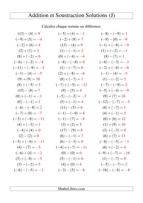 Addition et soustraction de nombres entiers avec parenthèses autour de chaque entier (-9 à 9) (75 par page) (J) page 2