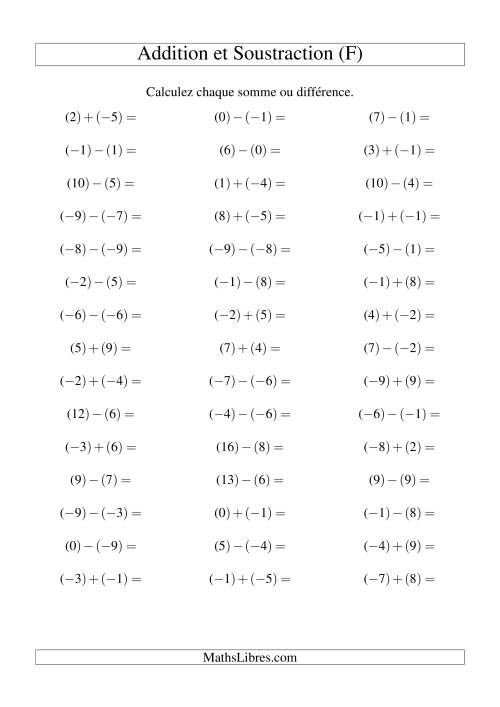Addition et soustraction de nombres entiers avec parenthèses autour de chaque entier (-9 à 9) (45 par page) (F)