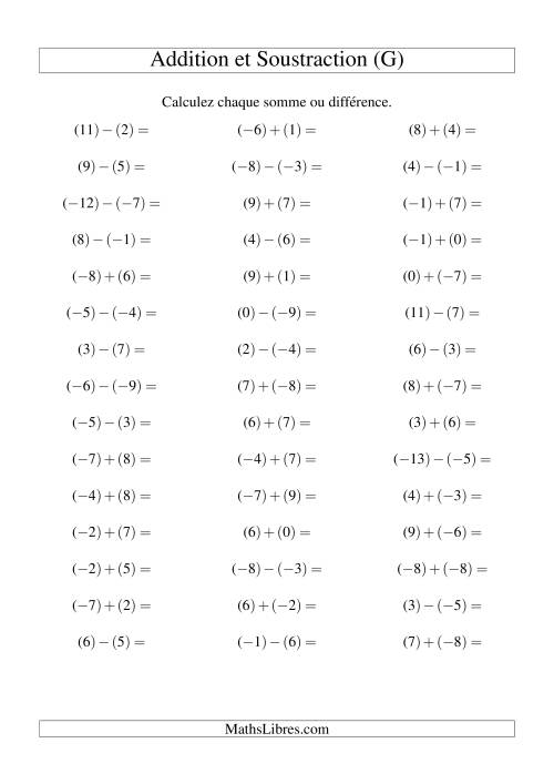 Addition et soustraction de nombres entiers avec parenthèses autour de chaque entier (-9 à 9) (45 par page) (G)