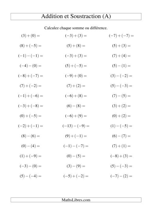 Addition et soustraction de nombres entiers avec parenthèses autour de chaque entier (-9 à 9) (45 par page) (Tout)