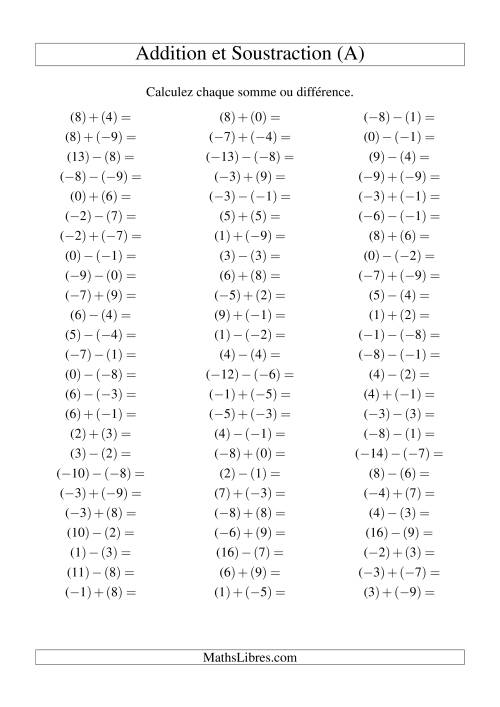 Addition et soustraction de nombres entiers avec parenthèses autour de chaque entier (-9 à 9) (75 par page) (Tout)