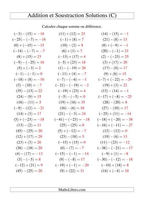 Addition et soustraction de nombres entiers avec parenthèses autour de chaque entier (-25 à 25) (75 par page) (C) page 2