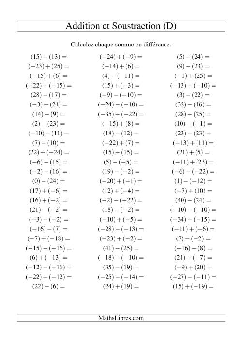 Addition et soustraction de nombres entiers avec parenthèses autour de chaque entier (-25 à 25) (75 par page) (D)