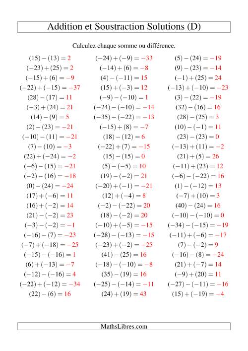 Addition et soustraction de nombres entiers avec parenthèses autour de chaque entier (-25 à 25) (75 par page) (D) page 2