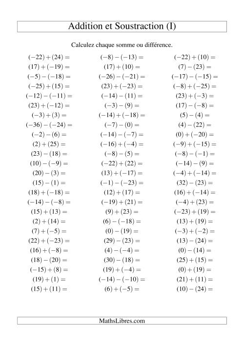 Addition et soustraction de nombres entiers avec parenthèses autour de chaque entier (-25 à 25) (75 par page) (I)