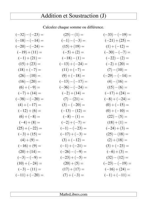 Addition et soustraction de nombres entiers avec parenthèses autour de chaque entier (-25 à 25) (75 par page) (J)