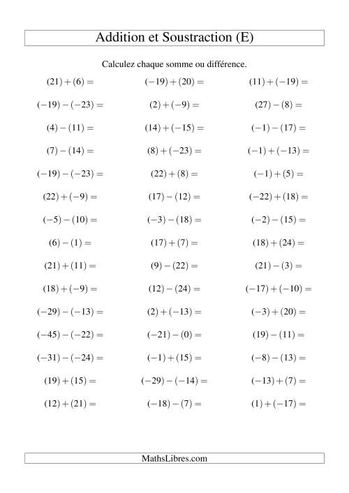 Addition et soustraction de nombres entiers avec parenthèses autour de chaque entier (-25 à 25) (45 par page) (E)