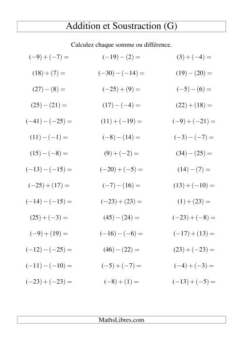 Addition et soustraction de nombres entiers avec parenthèses autour de chaque entier (-25 à 25) (45 par page) (G)