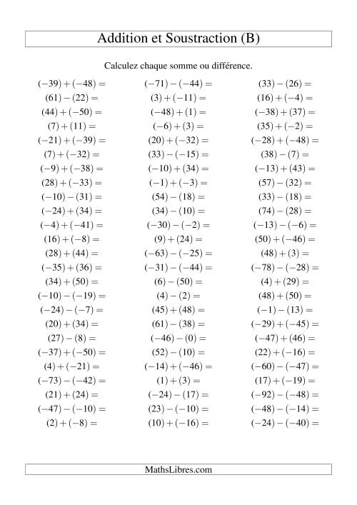Addition et soustraction de nombres entiers avec parenthèses autour de chaque entier (-50 à 50) (75 par page) (B)