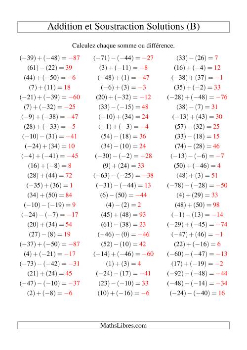 Addition et soustraction de nombres entiers avec parenthèses autour de chaque entier (-50 à 50) (75 par page) (B) page 2