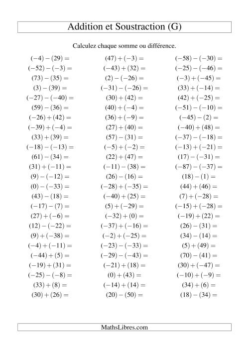 Addition et soustraction de nombres entiers avec parenthèses autour de chaque entier (-50 à 50) (75 par page) (G)