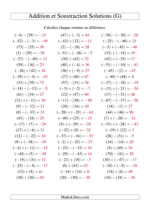 Addition et soustraction de nombres entiers avec parenthèses autour de chaque entier (-50 à 50) (75 par page) (G) page 2
