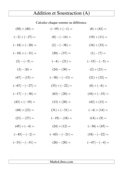 Addition et soustraction de nombres entiers avec parenthèses autour de chaque entier (-50 à 50) (45 par page) (A)