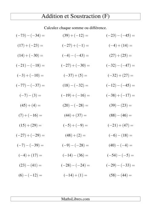 Addition et soustraction de nombres entiers avec parenthèses autour de chaque entier (-50 à 50) (45 par page) (F)