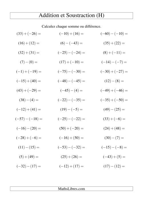Addition et soustraction de nombres entiers avec parenthèses autour de chaque entier (-50 à 50) (45 par page) (H)