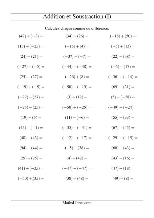 Addition et soustraction de nombres entiers avec parenthèses autour de chaque entier (-50 à 50) (45 par page) (I)