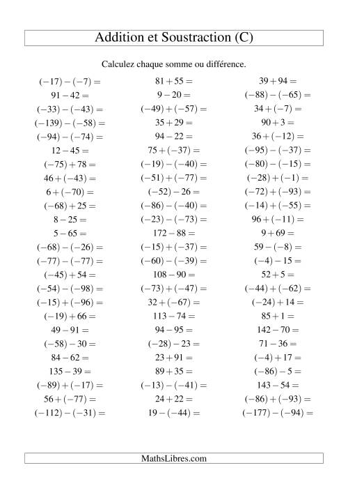 Addition et soustraction de nombres entiers avec parenthèses autour des entiers négatifs seulement (-99 à 99) (75 par page) (C)