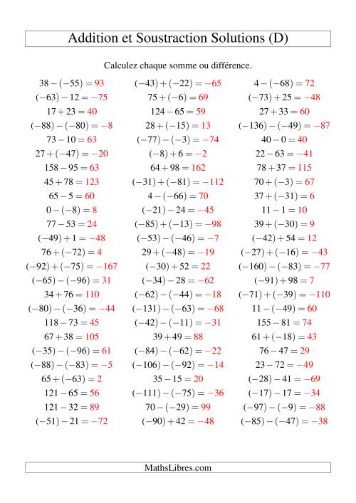 Addition et soustraction de nombres entiers avec parenthèses autour des entiers négatifs seulement (-99 à 99) (75 par page) (D) page 2