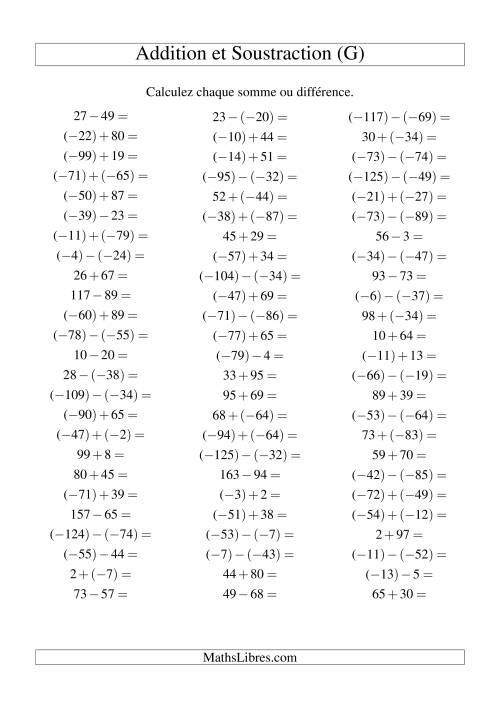 Addition et soustraction de nombres entiers avec parenthèses autour des entiers négatifs seulement (-99 à 99) (75 par page) (G)