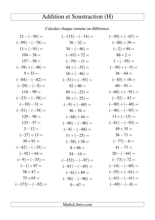 Addition et soustraction de nombres entiers avec parenthèses autour des entiers négatifs seulement (-99 à 99) (75 par page) (H)