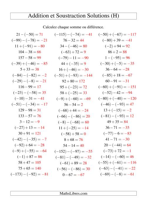 Addition et soustraction de nombres entiers avec parenthèses autour des entiers négatifs seulement (-99 à 99) (75 par page) (H) page 2