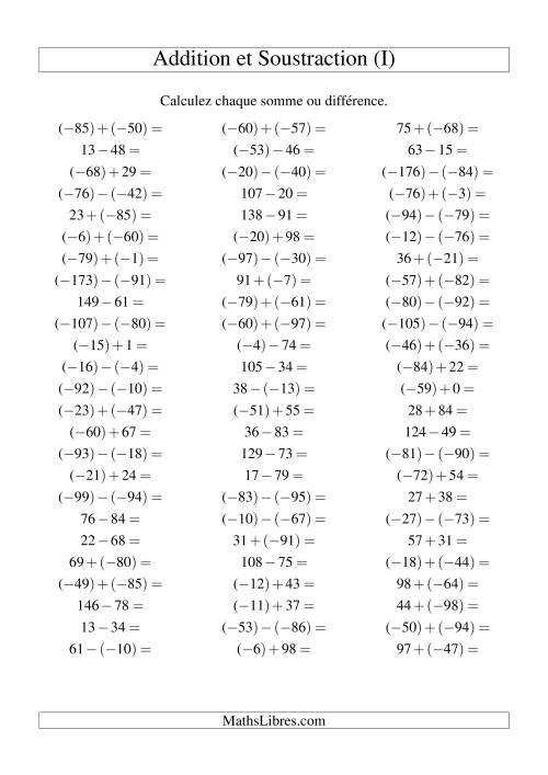 Addition et soustraction de nombres entiers avec parenthèses autour des entiers négatifs seulement (-99 à 99) (75 par page) (I)