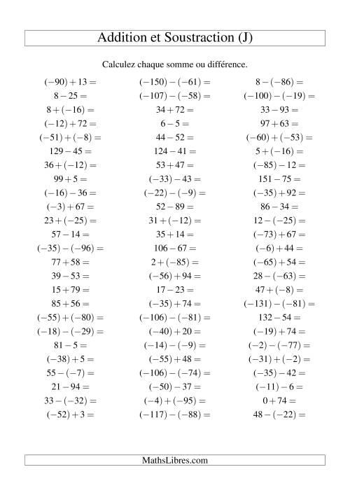 Addition et soustraction de nombres entiers avec parenthèses autour des entiers négatifs seulement (-99 à 99) (75 par page) (J)