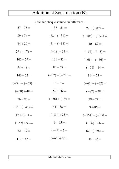 Addition et soustraction de nombres entiers avec parenthèses autour des entiers négatifs seulement (-99 à 99) (45 par page) (B)