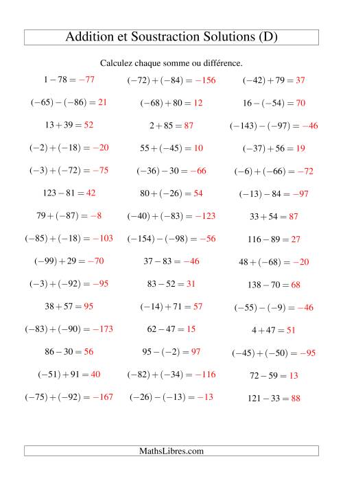 Addition et soustraction de nombres entiers avec parenthèses autour des entiers négatifs seulement (-99 à 99) (45 par page) (D) page 2