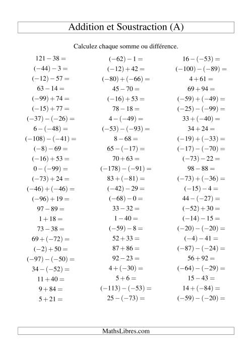 Addition et soustraction de nombres entiers avec parenthèses autour des entiers négatifs seulement (-99 à 99) (75 par page) (Tout)