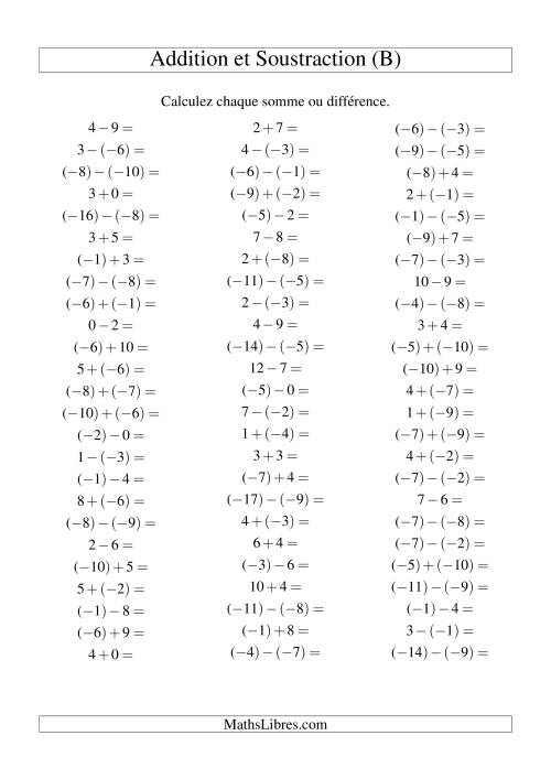 Addition et soustraction de nombres entiers avec parenthèses autour des entiers négatifs seulement (-10 à 10) (75 par page) (B)