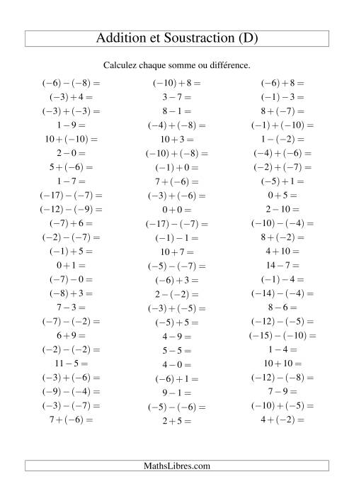 Addition et soustraction de nombres entiers avec parenthèses autour des entiers négatifs seulement (-10 à 10) (75 par page) (D)
