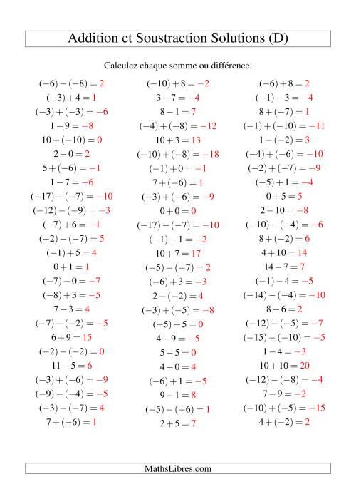 Addition et soustraction de nombres entiers avec parenthèses autour des entiers négatifs seulement (-10 à 10) (75 par page) (D) page 2