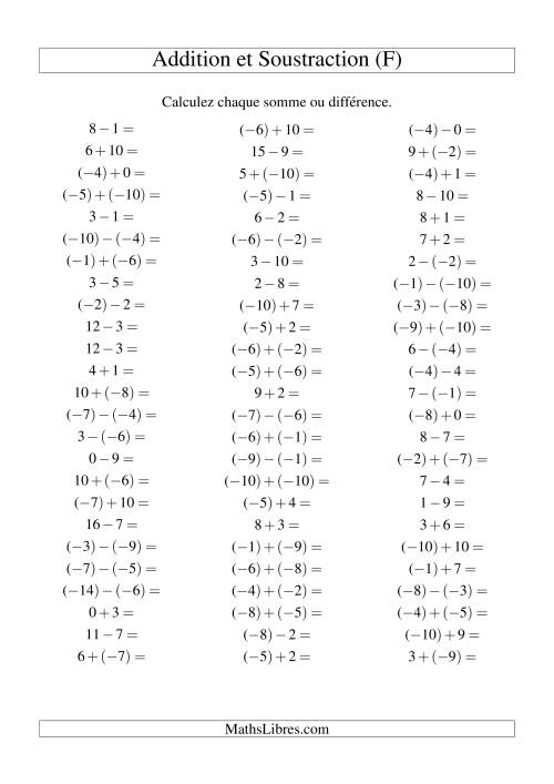 Addition et soustraction de nombres entiers avec parenthèses autour des entiers négatifs seulement (-10 à 10) (75 par page) (F)