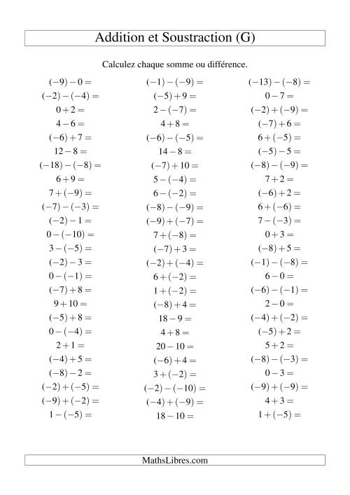 Addition et soustraction de nombres entiers avec parenthèses autour des entiers négatifs seulement (-10 à 10) (75 par page) (G)